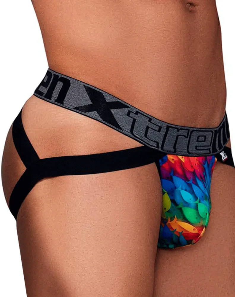 Clothing_Xtremen_Herrenunterwäsche Xtremen 91148 Bedruckter Mikrofaser-Jockstrap Regenbogenfisch