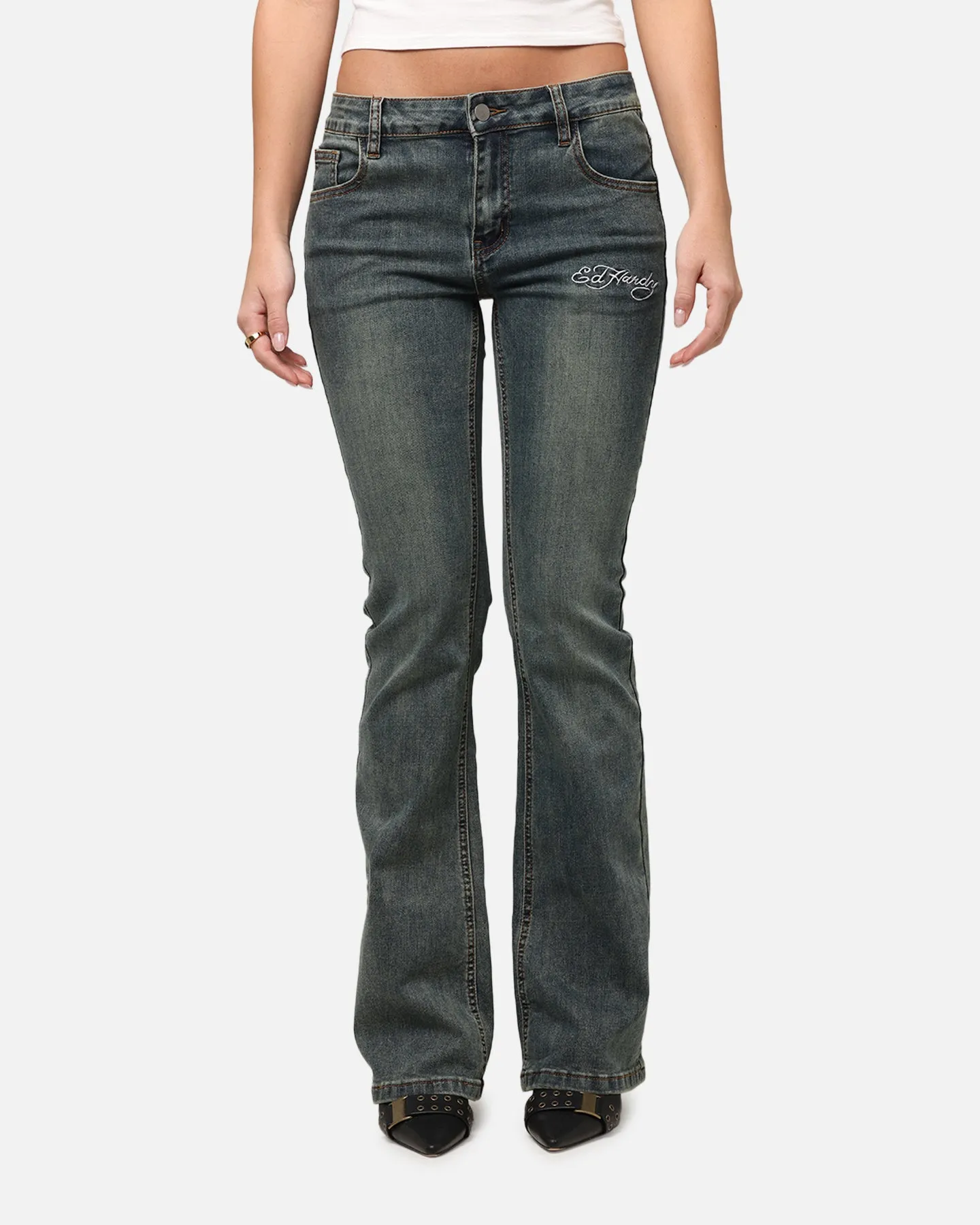Ed Hardy Kleidung Ed Hardy Damen Tiger Bootcut Jeans Schmutzig Blau