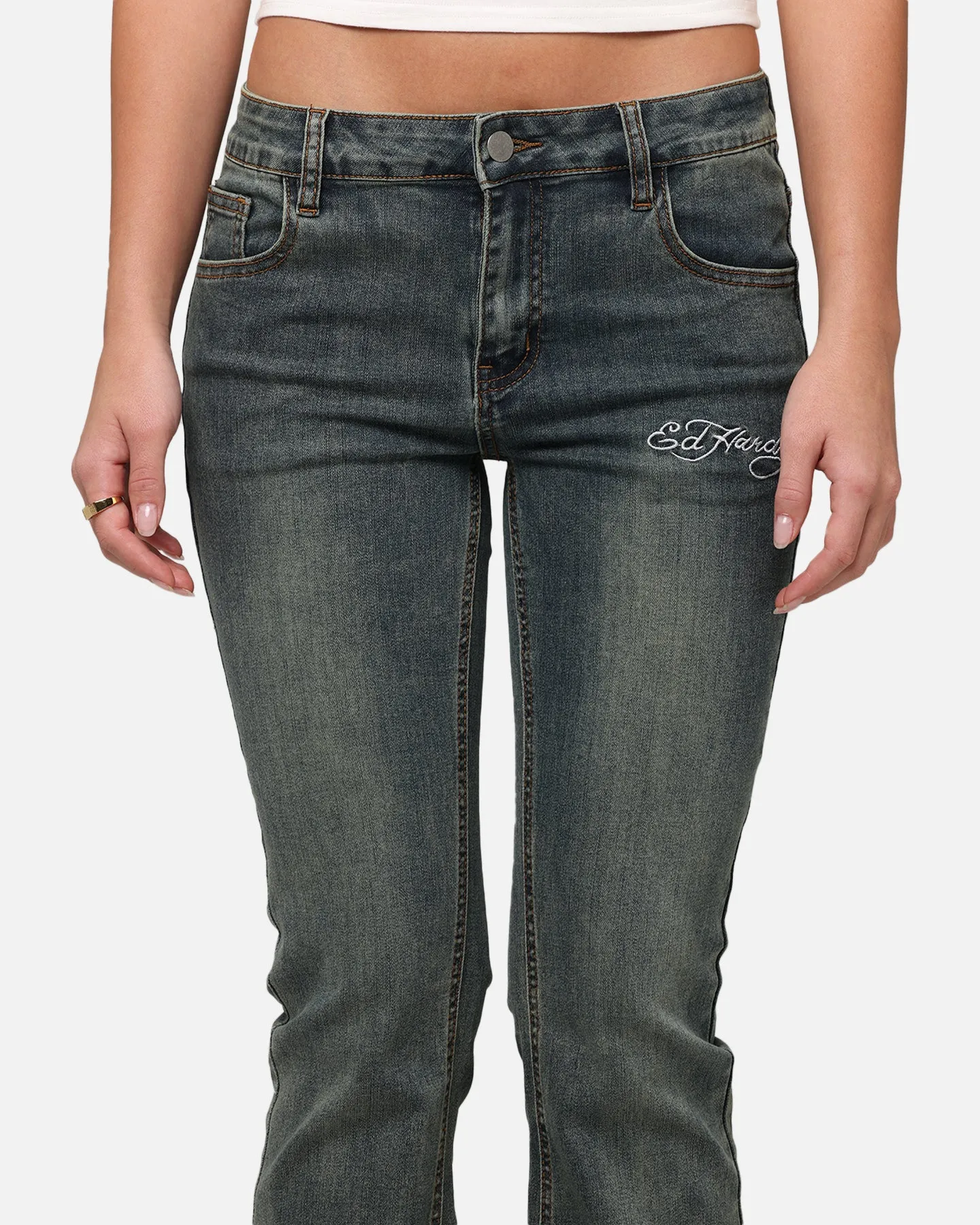 Ed Hardy Kleidung Ed Hardy Damen Tiger Bootcut Jeans Schmutzig Blau