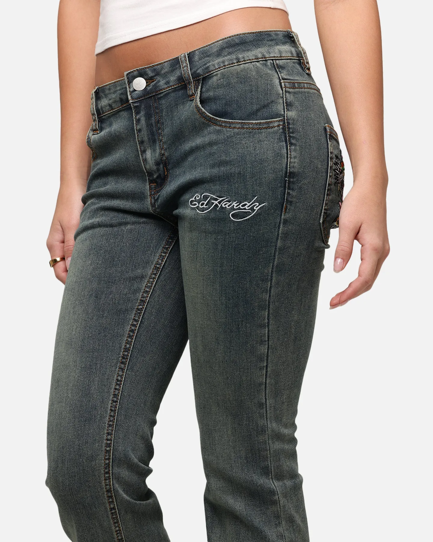 Ed Hardy Kleidung Ed Hardy Damen Tiger Bootcut Jeans Schmutzig Blau