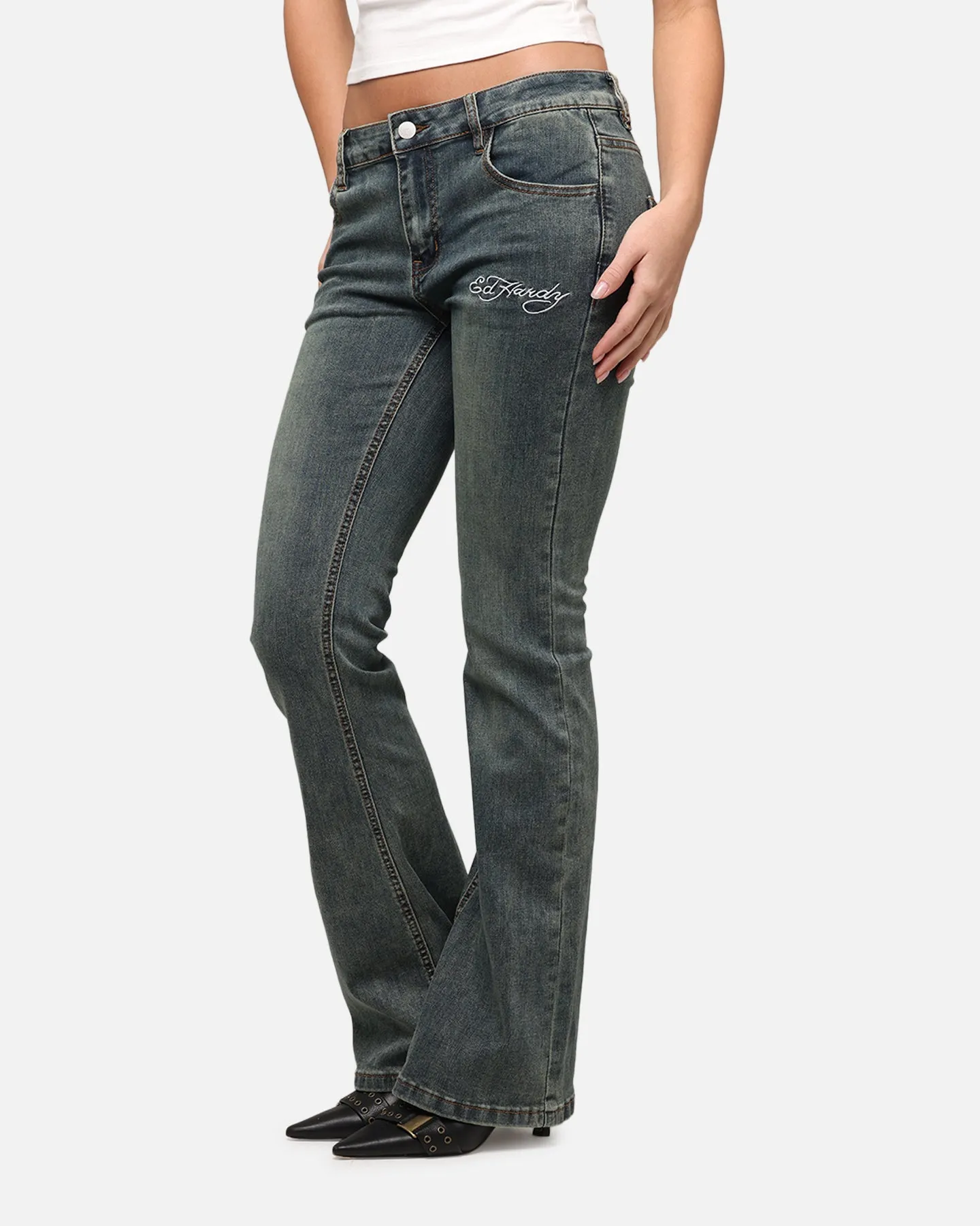 Ed Hardy Kleidung Ed Hardy Damen Tiger Bootcut Jeans Schmutzig Blau