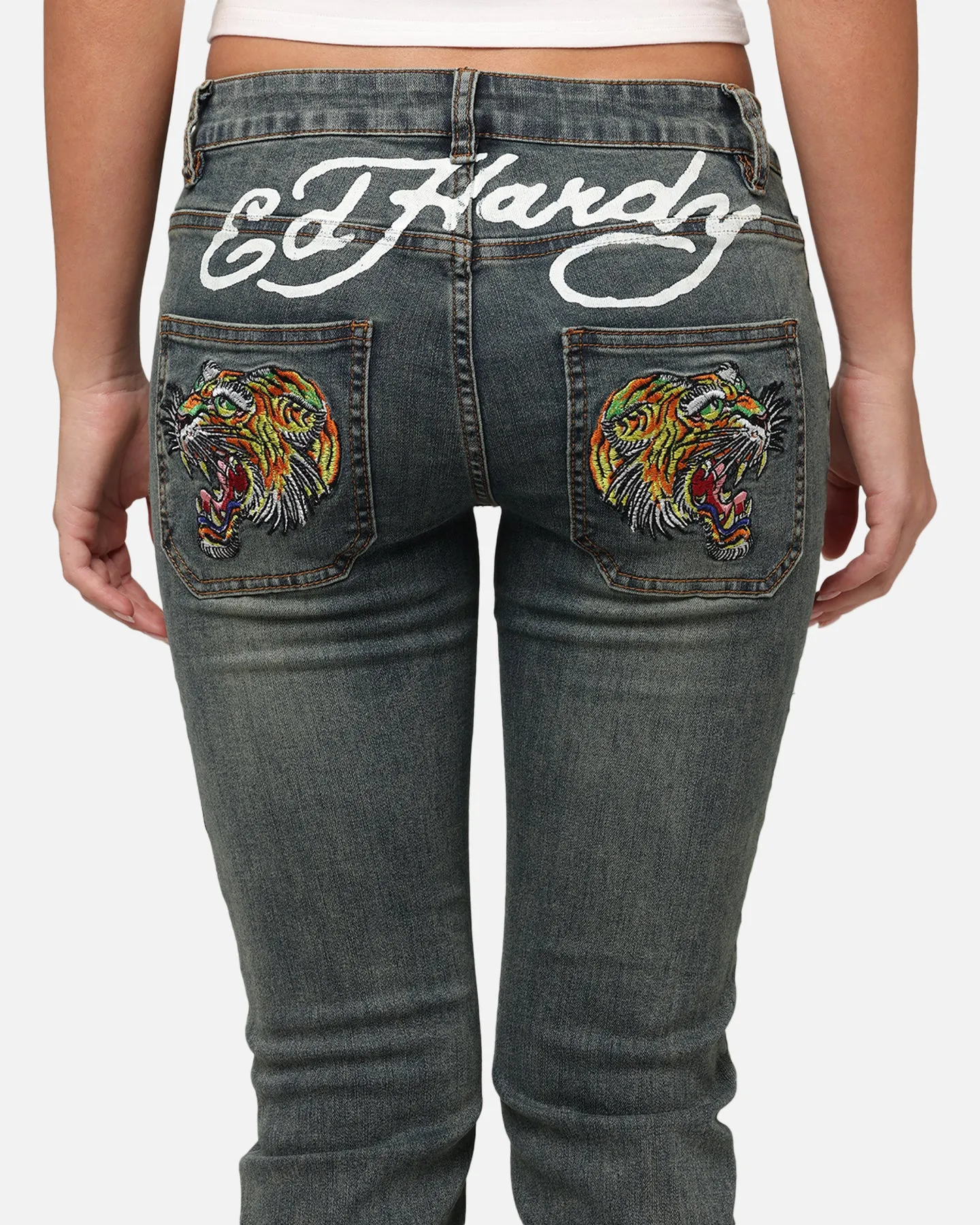 Ed Hardy Kleidung Ed Hardy Damen Tiger Bootcut Jeans Schmutzig Blau