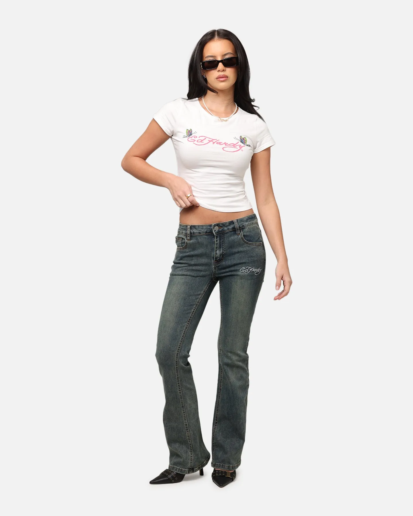 Ed Hardy Kleidung Ed Hardy Damen Tiger Bootcut Jeans Schmutzig Blau