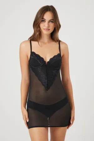 Forever 21 Damen Mesh-Spitzenbesatz Slipkleid Schwarz Forever 21
