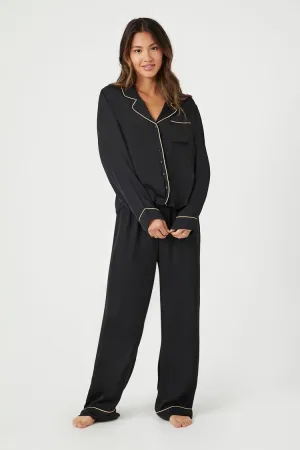 Forever 21 Damen Satin Pyjama-Set mit Paspelierung Hemd & Hose Schwarz/Beige Forever 21
