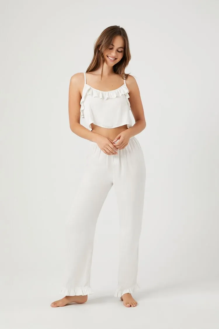 Forever 21 Damen Satin Rüschen Pyjamahose Elfenbein Forever 21