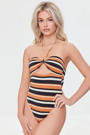 Forever 21 Damen Badeanzug mit Streifen und Ausschnitt Schwarz/Mehrfarbig Forever 21