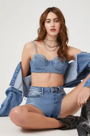 Forever 21 Damen Sweetheart Denim Bralette mit Nieten – Denim Washed Forever 21