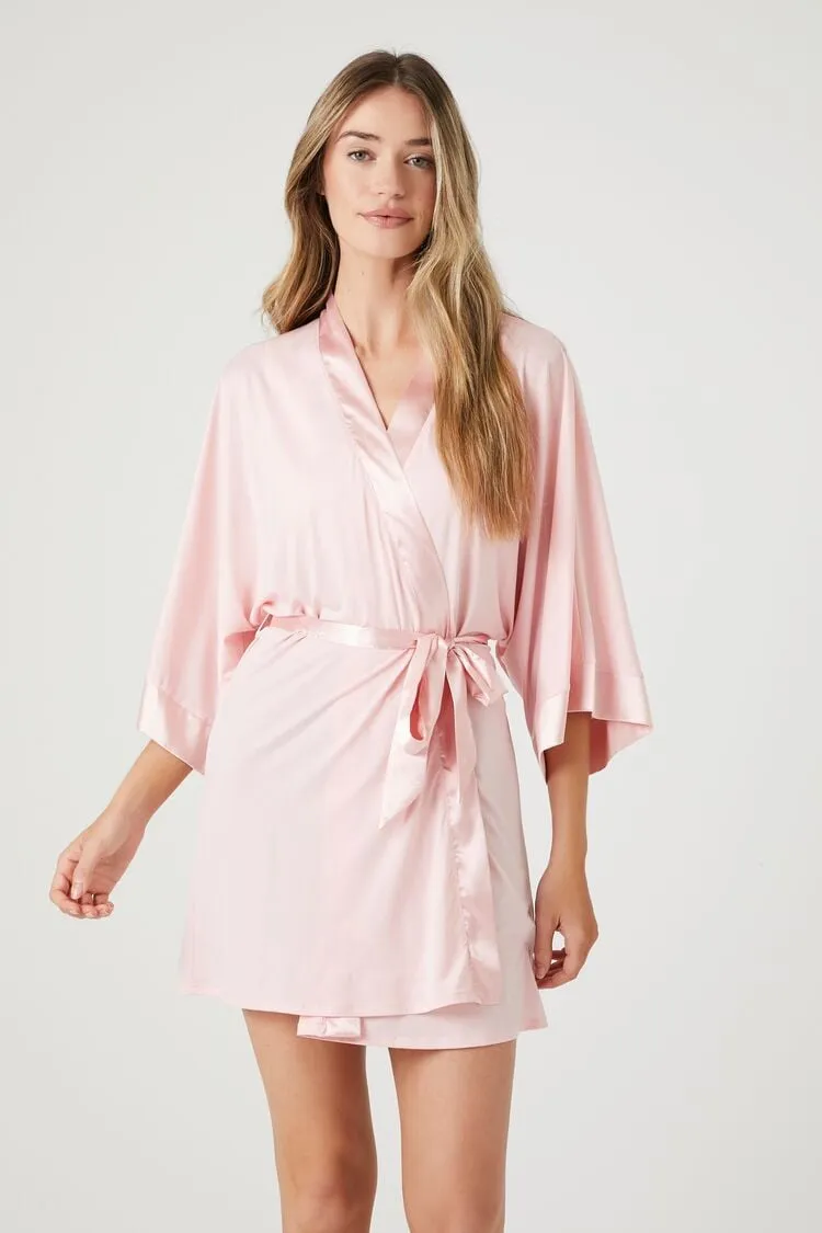Forever 21 Damen-Satin-Bademantel mit Bindegürtel in Pink Pearl Forever 21