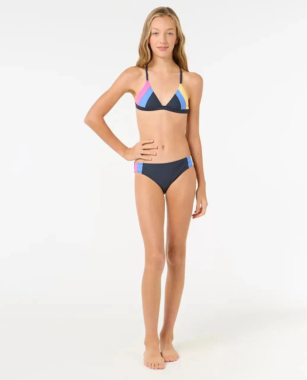 Rip Curl Clothing Mädchen Block Party Bikini-Set in Marineblau, Rosa & Gelb