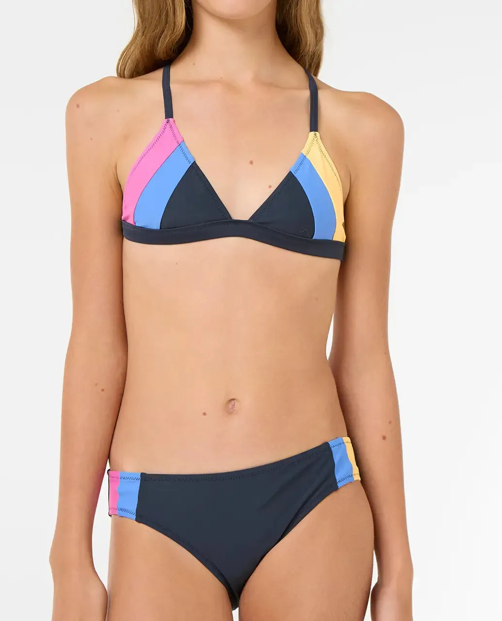 Rip Curl Clothing Mädchen Block Party Bikini-Set in Marineblau, Rosa & Gelb