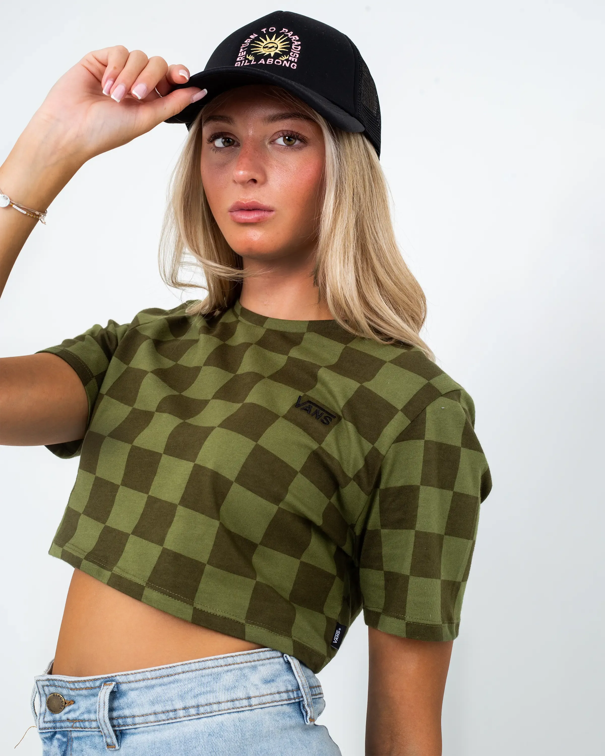 Vans Clothing Checker Crop II T-Shirt in Olivgrün