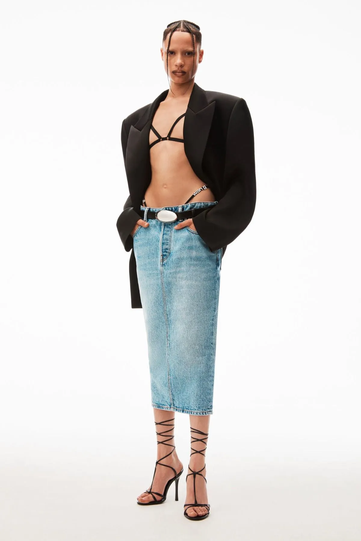 Damen Alexander Wang Alexander Wang Diamante Bikini-Träger Denim-Midi-Rock - Vintage Verblasstes Indigo