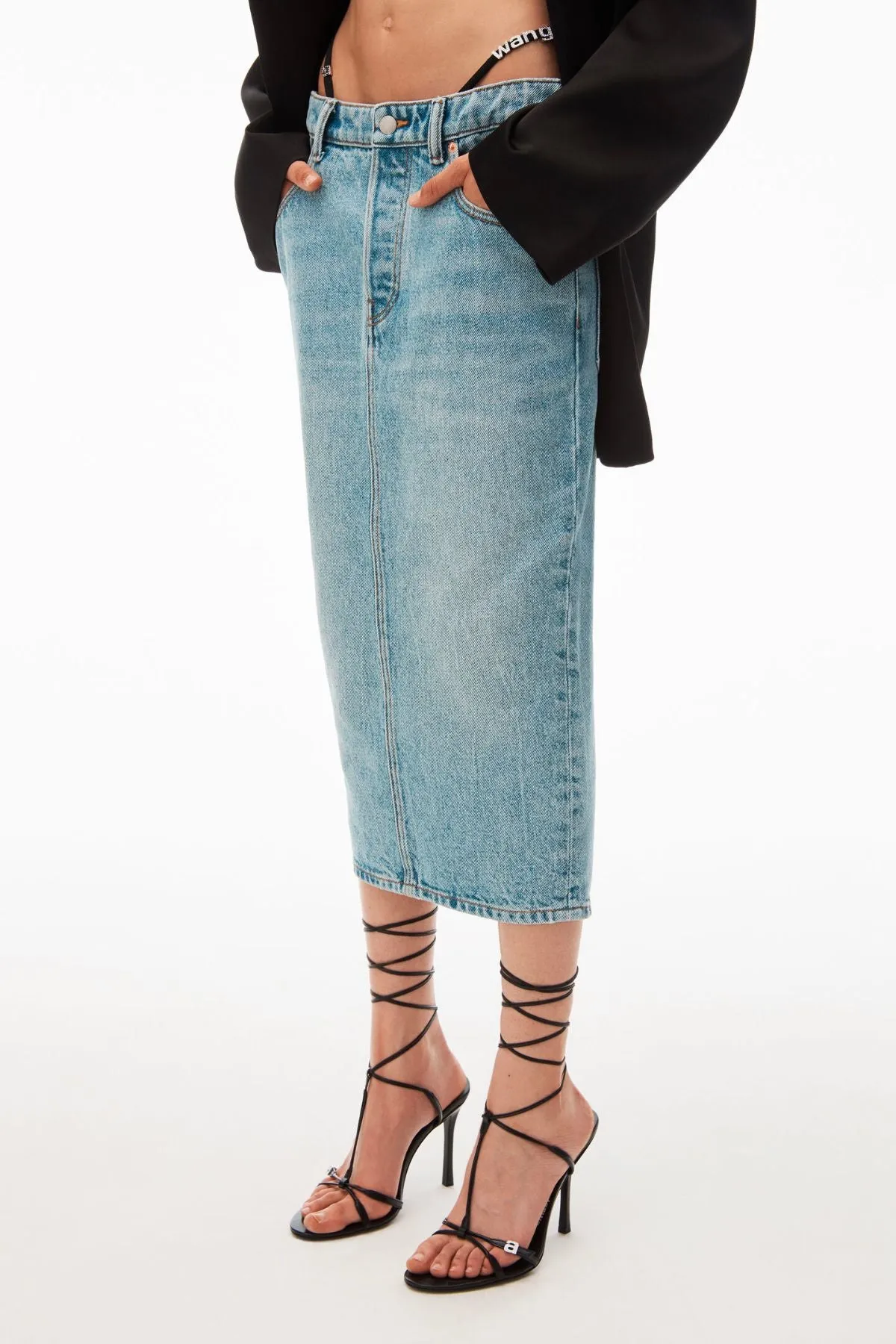 Damen Alexander Wang Alexander Wang Diamante Bikini-Träger Denim-Midi-Rock - Vintage Verblasstes Indigo