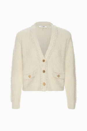 Damen Cardigan mit Denim-Optik und Doppeltasche – Cropped – Creme