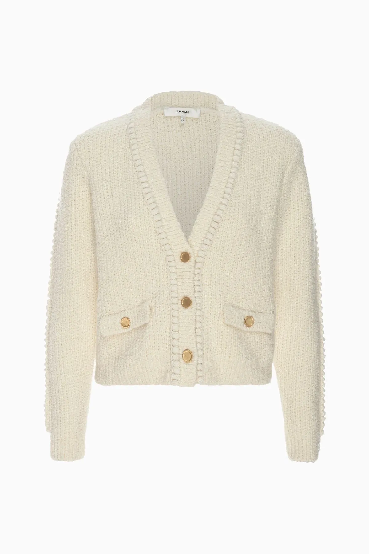 Damen Cardigan mit Denim-Optik und Doppeltasche – Cropped – Creme