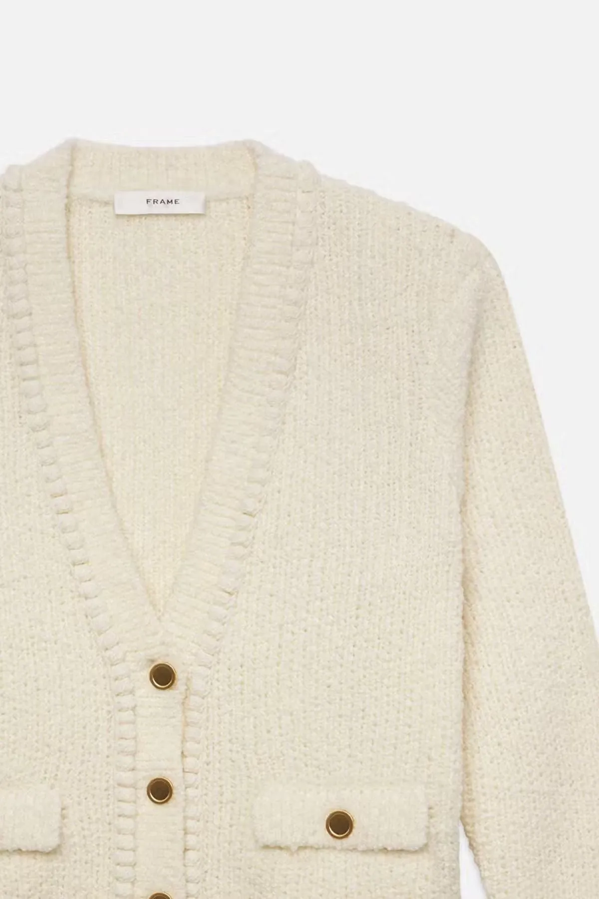 Damen Cardigan mit Denim-Optik und Doppeltasche – Cropped – Creme