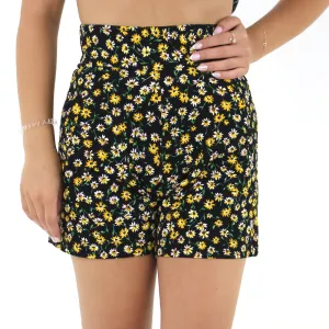 Damen-Hochwaist-Blumenkurzshorts, Schwarz