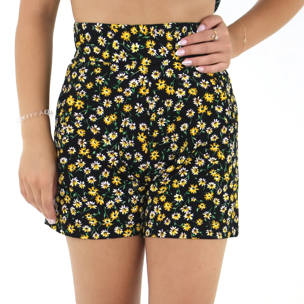 Damen-Hochwaist-Blumenkurzshorts, Schwarz